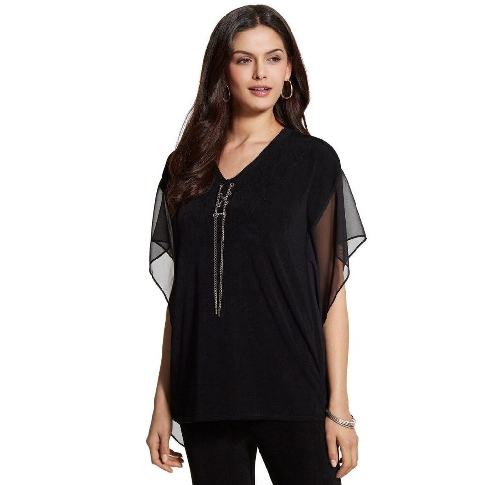 Chicos Travelers Top Womens Size 1/M Black Sheer Metal Slinky Stretchy Office